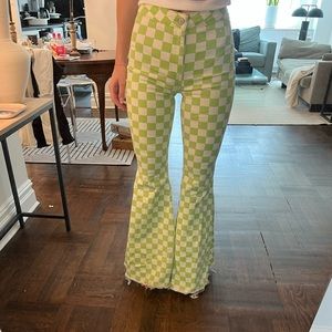 Green and white checkered flare jeans. Free People size 25